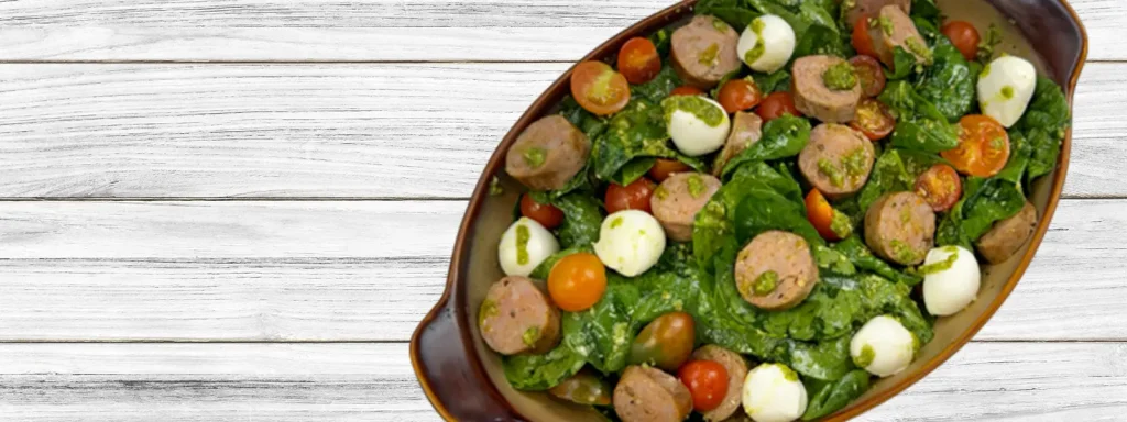 Italian Sausage Spinach Salad With Pesto Tomatoes And Mozzarella